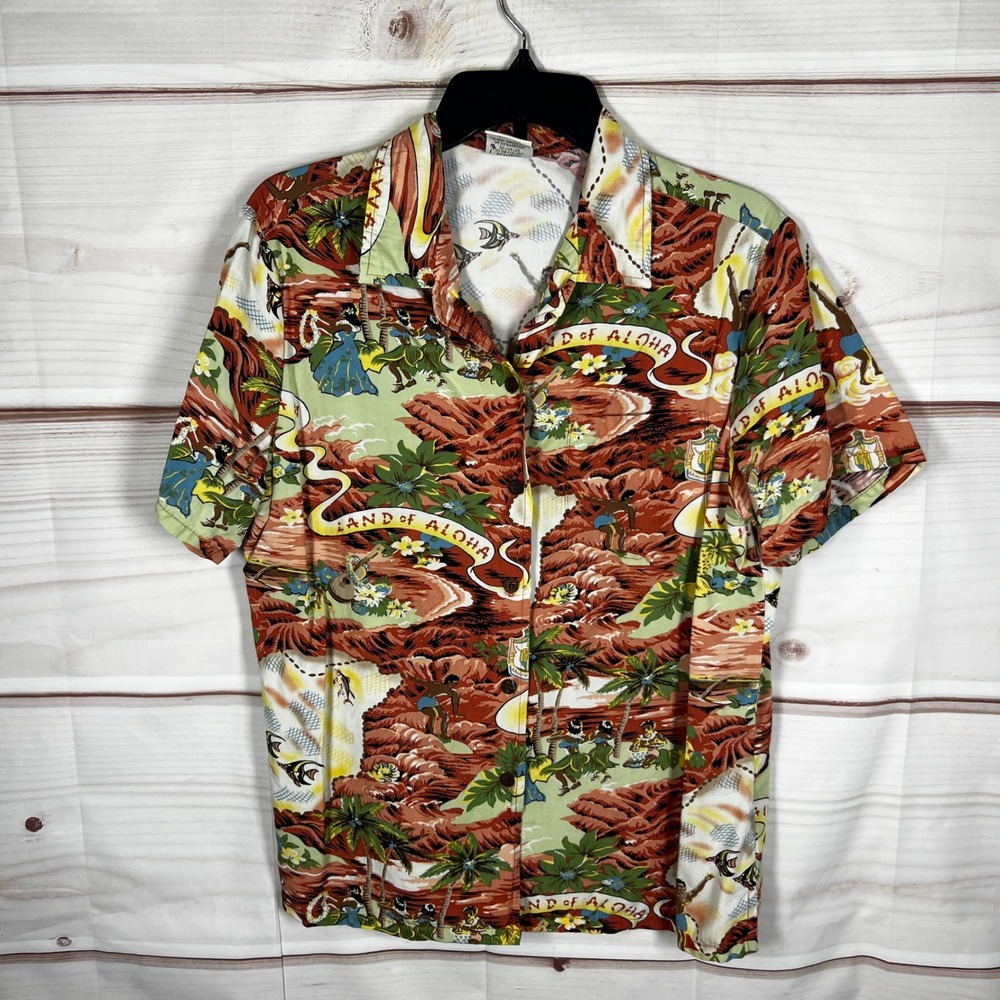 Go Barefoot Hawaiian Shirt Womens L Multicolor Tropical Land Of Aloha Button Up